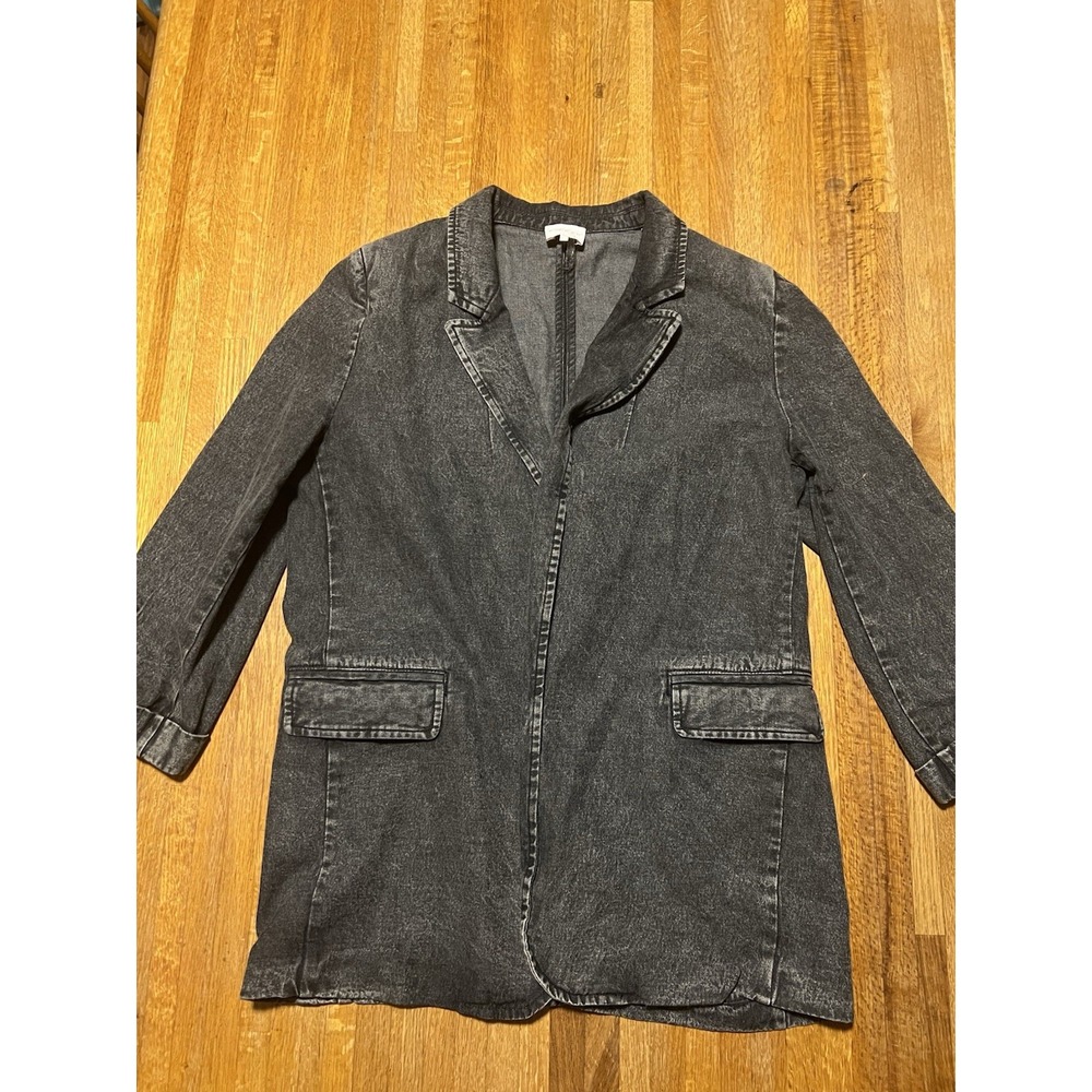Entro Women Medium Black Wash Denim Shoulder‎ Pads Open Front 3/4 Sleeve Jacket